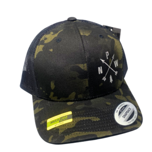 Black Camo PNW Arrows Curved Bill Trucker Hat 