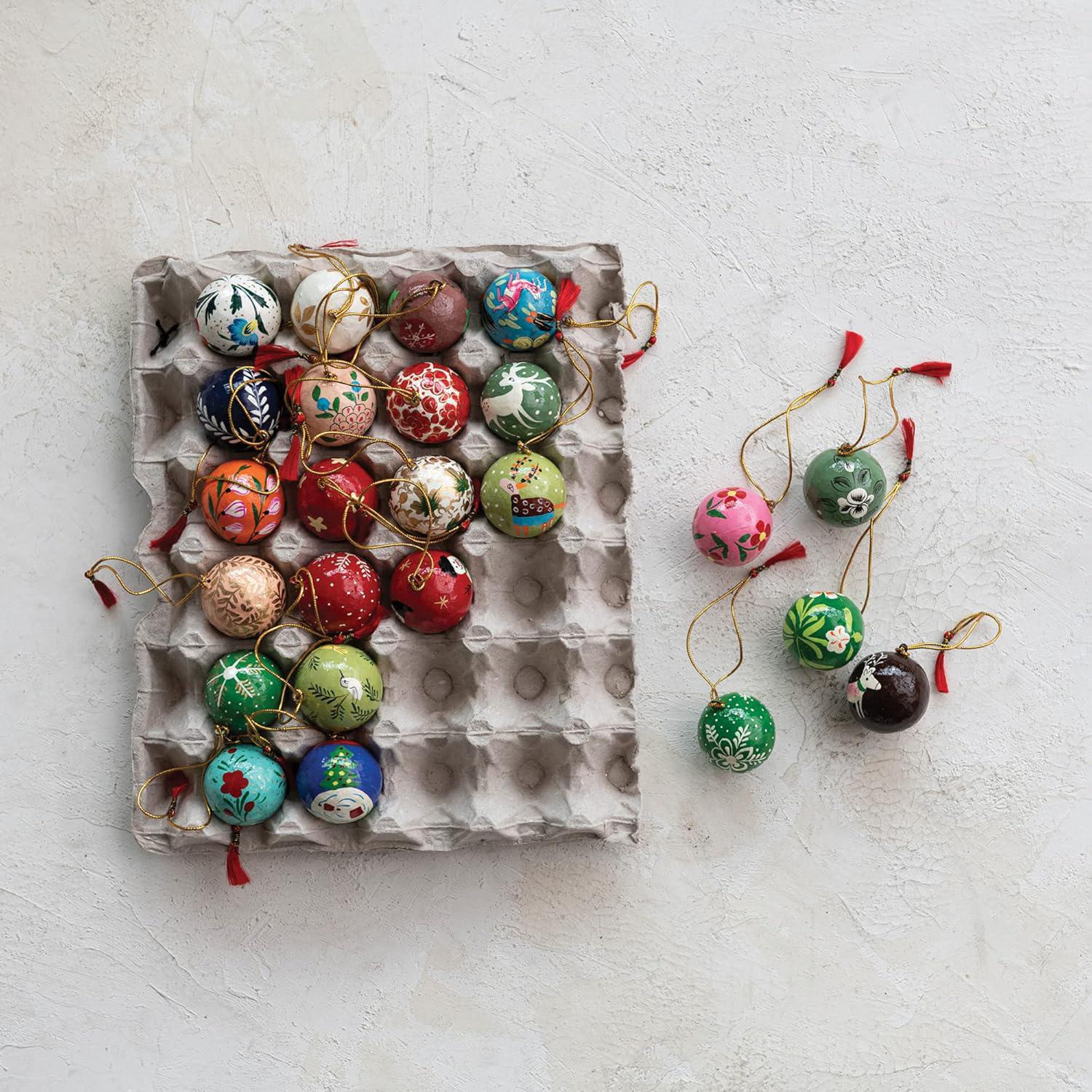 Hand-Painted 1" Paper Mache Ball Ornaments - Unique Holiday Charm