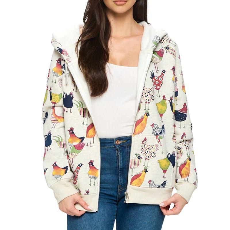 Vibrant Rooster Print Zip-Up Hoodie – Bold & Comfy