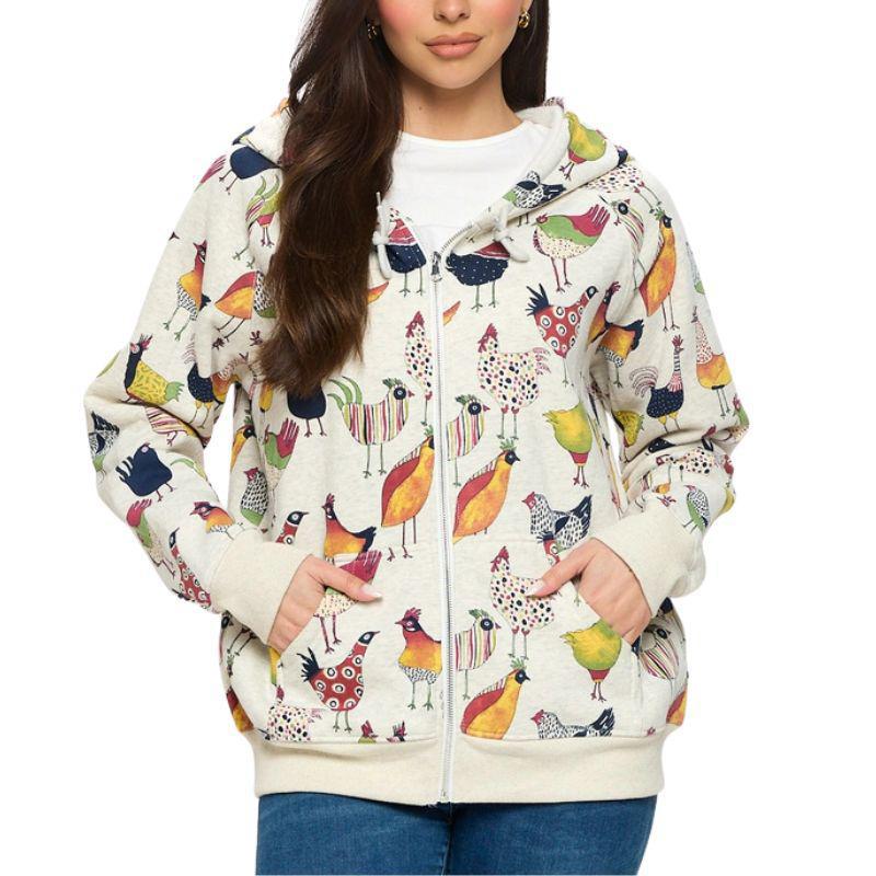 Vibrant Rooster Print Zip-Up Hoodie – Bold & Comfy