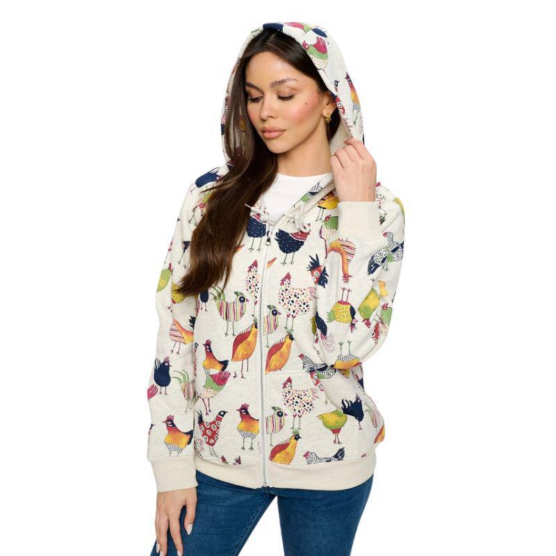 Vibrant Rooster Print Zip-Up Hoodie – Bold & Comfy